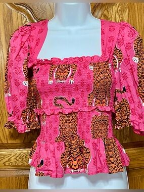 Printfresh Tiger Queen Smocked‎ Peplum Blouse Sz XXS Hot Pink Floral Top Cotton